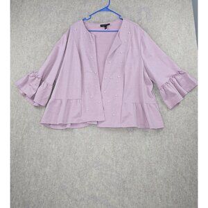 Lane Bryant Womens Open Cardigan Pink Ruffled 3/4 Sleeves Pearl Embellished